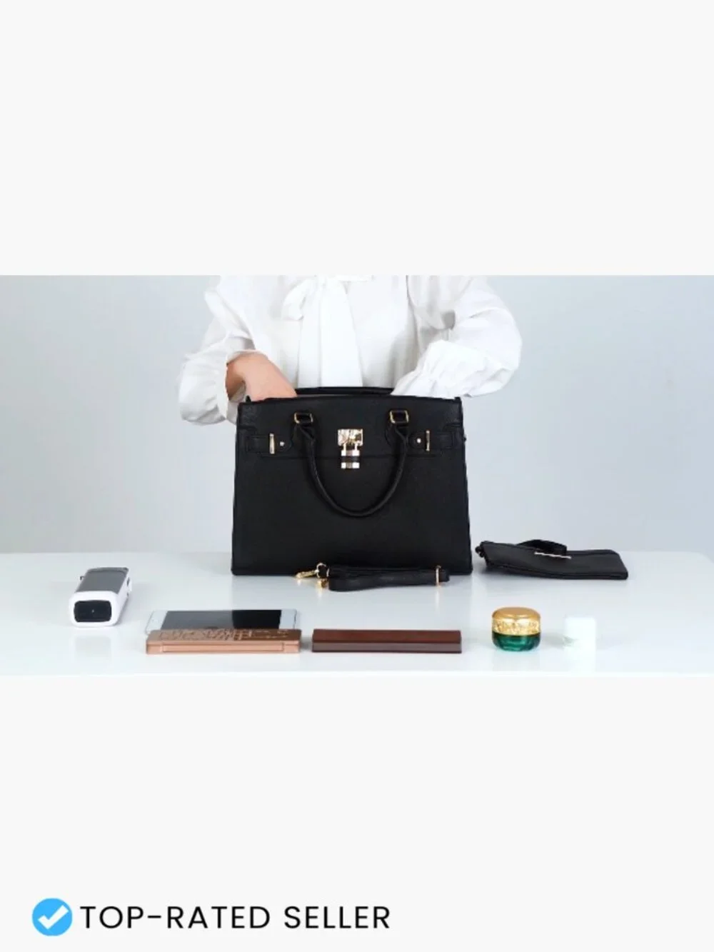 Satchel Handbag Large Tote Work Bag with Matching Clutch Vegan Leather Sturdy